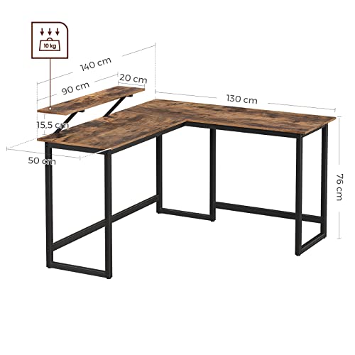 L-Shaped Desk with Screen Stand for Studying, Gaming, Working, Space-Saving, Adjustable Legs, Metal Frame, Easy Assembly, Rustic Brown  140 x 130 x 76/91.5 cm