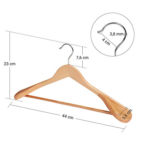 Suit Hangers, Set of 6, Solid Wood Contoured Hangers with Extra Wide Shoulders, Non-Slip for Outfits, Shirts, Coats, Jackets, Trousers, Pants, 360° Swivel Hook, Natural Colour