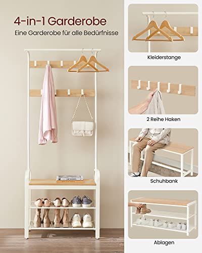 Coat Rack, Coat Stand with Shoe Storage Bench, 4-in-1 Design, with 9 Removable Hooks, a Clothes Rail, for Hallway, Entrance, 33.7 x 77 x 183 cm, Modern, Oak and Cream