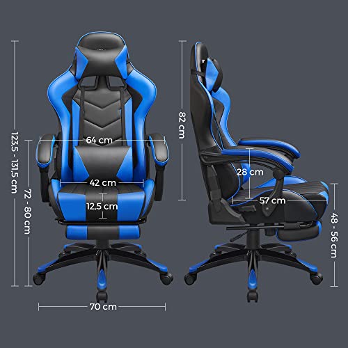 Gaming Chair, Ergonomic Office Chair, Desk Chair, Extendable Footrest, 90°-135° Tilt Angle, Maximum Load 150 kg, Black/Blue