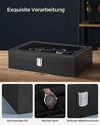 Watch Box with 12 Slots, Watch Case with Glass Lid, Watch Display Box with Removable Watch Pillows, Metal Clasp, Gift Idea, Black Synthetic Leather, Black Lining