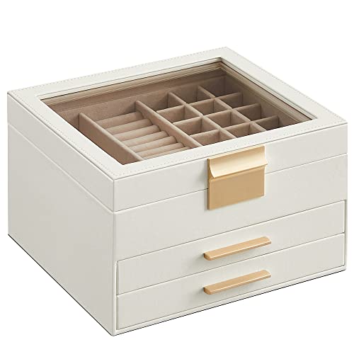 Jewellery Box with Glass Lid, 3-Layer Jewellery Organiser with 2 Drawers, Jewellery Storage, Plenty of Storage Space, Modern Style, Gift for Loved Ones, Cloud White and Gold