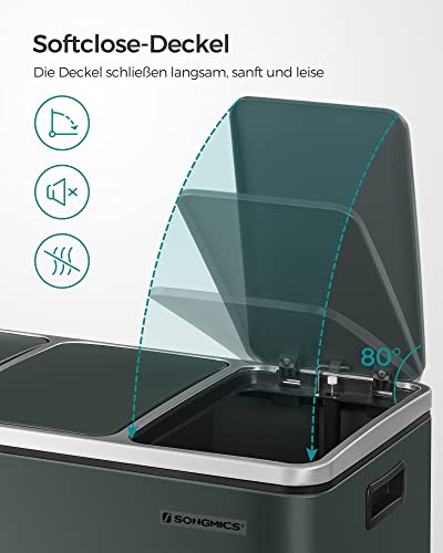 Recycling Bin, 3 x 18 L Triple Kitchen Bin, 3 Compartment Pedal Bin with Soft-Close Lids, Plastic Inner Buckets, and Handles, Anthracite Grey