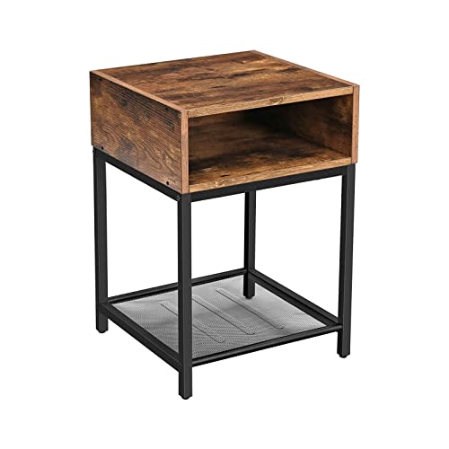 Nightstand, Side Table, End Table with Open Compartment and Mesh Shelf, for Living Room Bedroom, Easy Assembly, Space-Saving, Industrial, Rustic Brown and Black