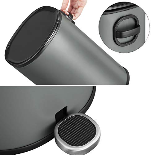 Rubbish Bin, 5 L Bathroom Bin, Steel Pedal Bin, with Inner Bucket, Soft-Close Lid, and Handle, for Bathroom, Toilet, Grey and Black