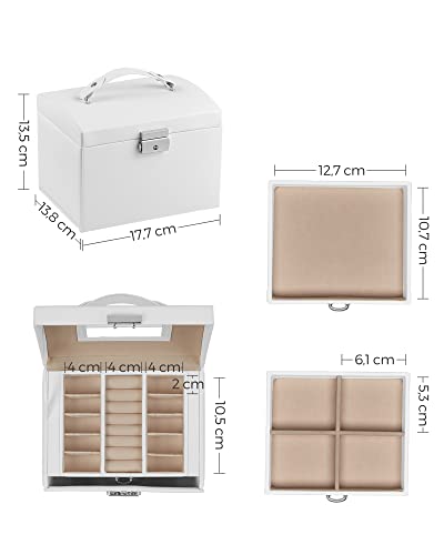 3-Tier Jewellery Box, Travel Jewellery Case with Handle, 2 Drawers, Lockable Jewellery Organiser with Mirror, Jewellery Storage, Modern Style, Gift for Loved Ones, White