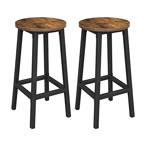 Set of 2 Bar Stools, Tall Kitchen Stools, Sturdy Steel Frame, 65 cm Tall, Easy Assembly, Industrial Style, Rustic Brown and Black