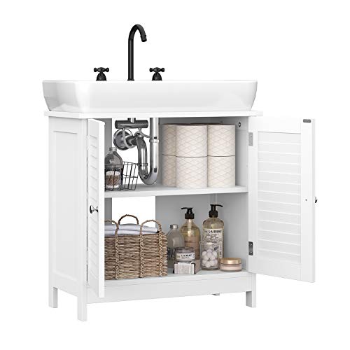 Bathroom Under Sink Cabinet, Floor Cabinet Double Door, 60 x 30 x 60 cm, Storage Unit, Cupboard with 2 Louvered Doors, Adjustable Shelf, Handles, Scandinavian Nordic Style, Matte White