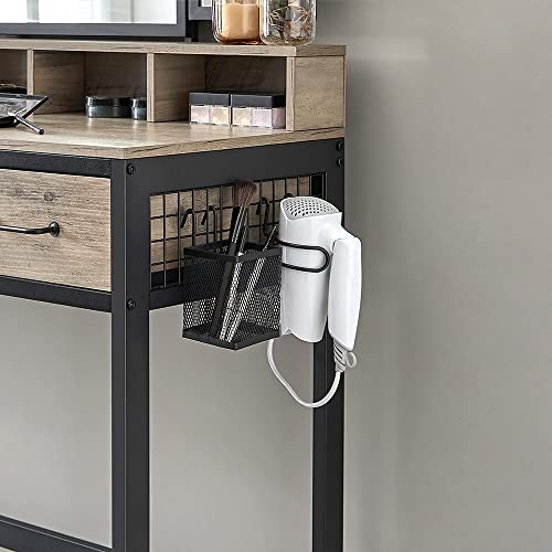 Dressing Table with Padded Stool, Triple Mirror, 3 Drawers, Hair Dryer Holder, Pot, Industrial Style, Grey and Black