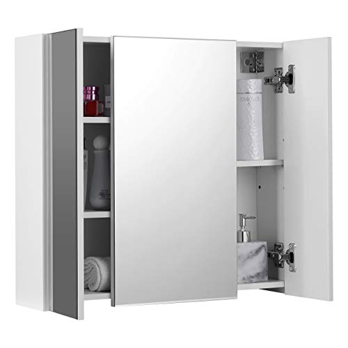 Bathroom Wall Cabinet, Cupboard with Mirror, 3-Door Storage Cabinet, 60 x 15 x 55 cm, with Adjustable Shelf, Modern, White