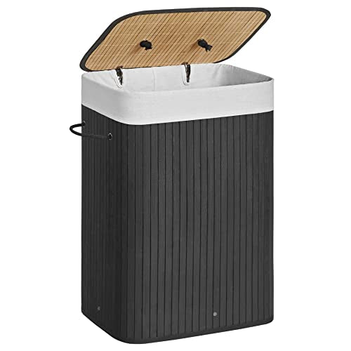 Bamboo Laundry Basket, 72L Foldable Laundry Hamper, Rectangular Storage Hamper with 3 Handles, 40 x 30 x 60 cm, Black