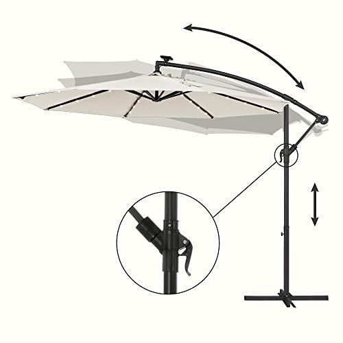 Cantilever Garden Patio Parasol with Solar-Powered LED Lights, 3 m Offset Parasol with Base, UPF 50+ Banana Hanging Umbrella, Crank for Opening Closing, Beige