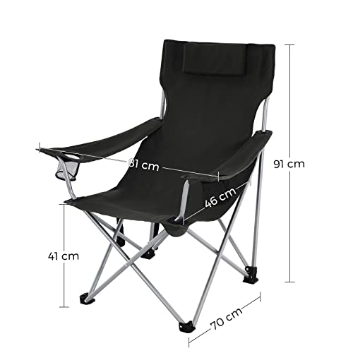 Folding Camping Chair, Outdoor Chair with Armrests, Headrest and Cup Holder, Stable Structure, Max. Capacity 150 kg, Black