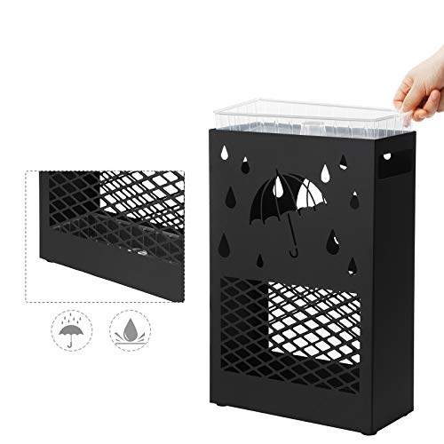 Umbrella Stand Metal Rectangular Umbrella Stand with Removable Water Drip Tray, 4 Hooks, Cutout Design, for Hallway and Office, Black