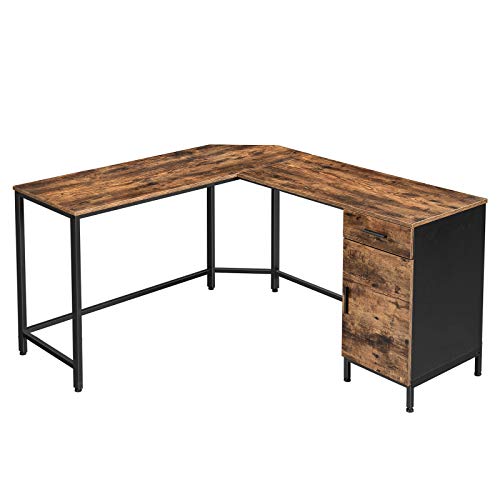 Corner Desk, L-Shaped Computer Desk, Office Desk with Cupboard and Drawer, Study, Space-Saving, Easy Assembly, Steel, Industrial Design, Rustic Brown and Black 