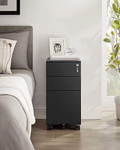 Office Filing Cabinet Mobile Storage Cabinet with Wheels and Lock for Documents and Suspension File with 3 Drawers Black