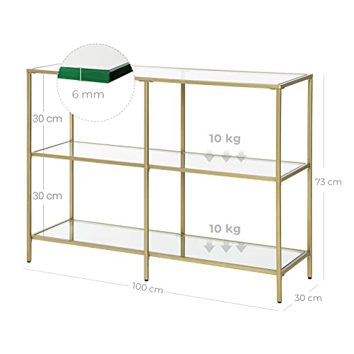 Console Table, Sofa Table with 3 Shelves, Tempered Glass Shelf, 100 x 30 x 73 cm, Metal Frame, Modern, for Hallway Living Room Bedroom, Gold Colour