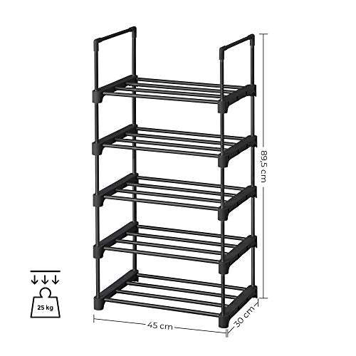 5-Tier Shoe Rack, Metal Shoe Storage Organiser, Stackable Storage Rack, Space-Saving, Freestanding Shelf, for Hallway, Bedroom, Living Room, Black