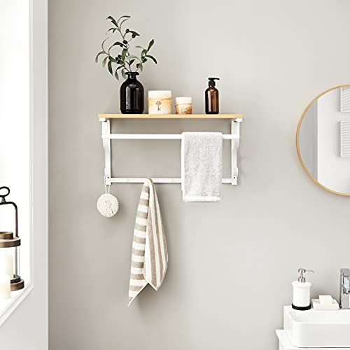 Coat Rack Shelf Wall Mounted, Hook Rack Shelf with 5 Hooks and Hanging Rail, for Entryway, Hallway, Bathroom, Living Room, Oak, White