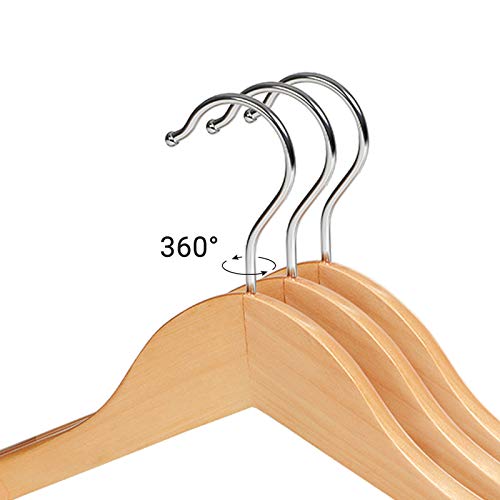 Suit Hangers, Set of 6, Solid Wood Contoured Hangers with Extra Wide Shoulders, Non-Slip for Outfits, Shirts, Coats, Jackets, Trousers, Pants, 360° Swivel Hook, Natural Colour