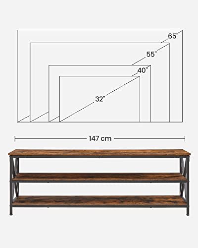 TV Stand, TV Table, TV Console for up to 65-Inch TVs, with Open Storage Shelves, X-Shape Steel Frame, Farmhouse Industrial Design, 147 x 40 x 50 cm, Rustic Brown and Black