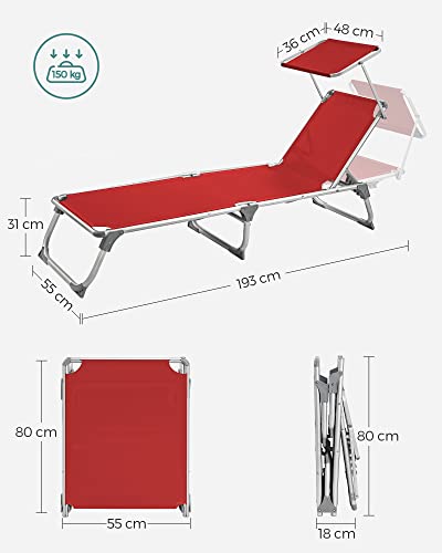 Sun Lounger, Sunbed, Reclining Sun Chair with Sunshade, Adjustable Backrest, Foldable, Lightweight, 55 x 193 x 31 cm, Load Capacity 150 kg, for Garden, Patio, Red