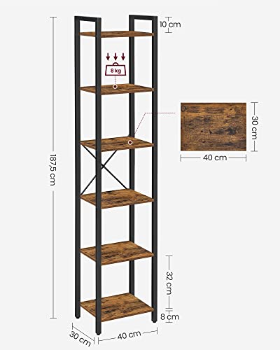 Bookcase, 6-Tier Bookshelf, Open Storage Shelving, Standing Display Rack, for Office, Living Room, Bedroom, 40 x 30 x 187.5 cm, Industrial, Rustic Brown and Black