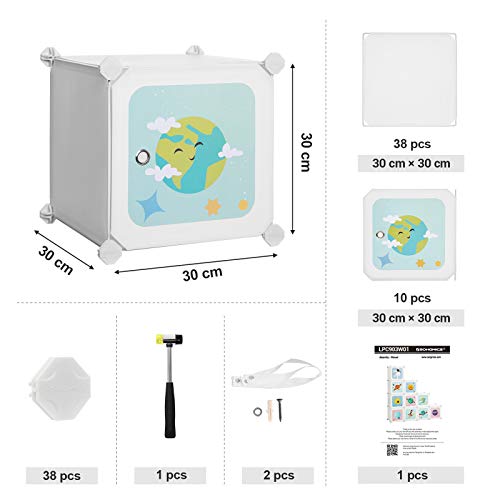 10-Cube Children’s Storage Unit, Interlocking Organiser Cabinet for Kids, Plastic Cube Shelves, Modular Wardrobe with Doors for Clothes Shoes Toys Bags, 123 x 31 x 123 cm, White