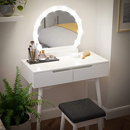 Makeup Vanity Set with 10 Light Bulbs and Touch Switch, Dressing Makeup Table Desk with Large Round Mirror, 2 Sliding Drawers, 1 Cushioned Stool, White U