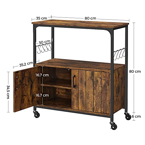 Sideboard, Kitchen Island, Baker’s Rack with Wheels, Food Trolley with Doors, 8 Hooks, Storage Shelves, 80 x 35 x 80 cm, Industrial Kitchen Cupboard, Rustic Brown and Black