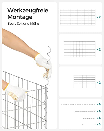 Gabion Basket, Metal Gabion Cage with 5 x 10 cm Mesh for Stones, Galvanised, Garden Decor Wall Partition, 100 x 50 x 30 cm, Silver