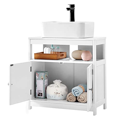 Bathroom Under Sink Cabinet, Floor Cabinet Double Door, Open Compartment, 60 x 30 x 60 cm, Storage Unit, Scandinavian Nordic Style, Matte White