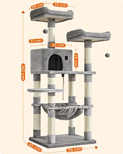 Cat Tree, Stable Cat Tower, 2 Plush Perches, 143cm, Light Grey