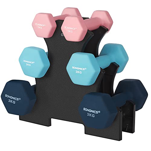 Hex Dumbbells Set with Stand - 2 x 1 kg, 2 x 2 kg, 2 x 3 kg, Neoprene Matte Finish, Hand Weights for Home Exercise, Pink, Aqua, and Blue