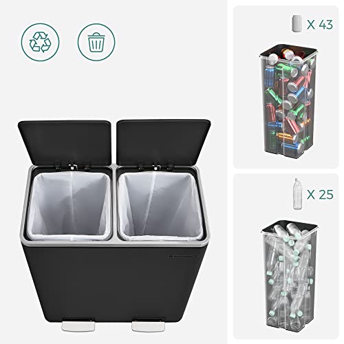 Double Rubbish Bin, 2 x 30L Waste and Recycling Kitchen Bin with 15 Rubbish Bags, Metal Pedal Bin, Plastic Inner Buckets and Hinged Lids, Handles, Soft Closure, Airtight, Black