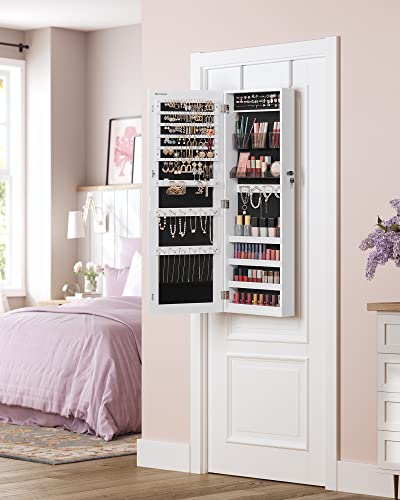 Jewellery Cabinet Armoire, Lockable Wall-Mounted Storage Organiser Unit with 2 Plastic Cosmetic Storage Trays, Full-Length Frameless Mirror, for Necklace Earring, White