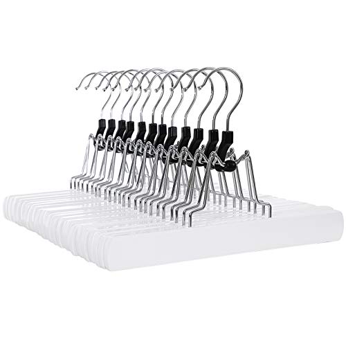 Pack of 12 Wooden Trouser Hangers Non-Slip Chrome Hook 360 Degree Rotating White