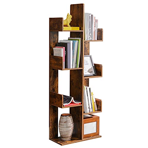 Tree-Shaped Bookcase, Bookshelf with 8 Storage Compartments, 50 x 25 x 140 cm, with Rounded Corners, Rustic Brown