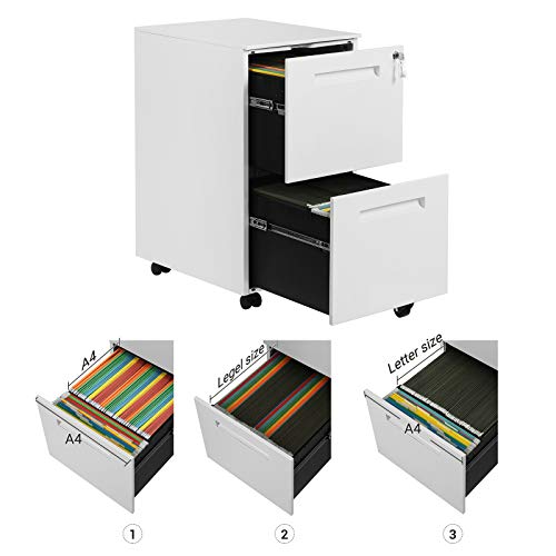 Mobile File Cabinet, with 2 Drawers, Lock, for Office Documents, Suspended Folders, Pre-Assembled, 39 x 45 x 69.5 cm (L x W x H), White