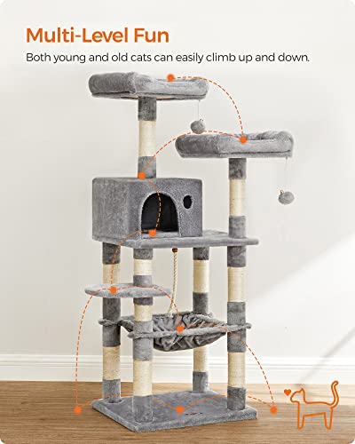 Cat Tree, Stable Cat Tower, 2 Plush Perches, 143cm, Light Grey