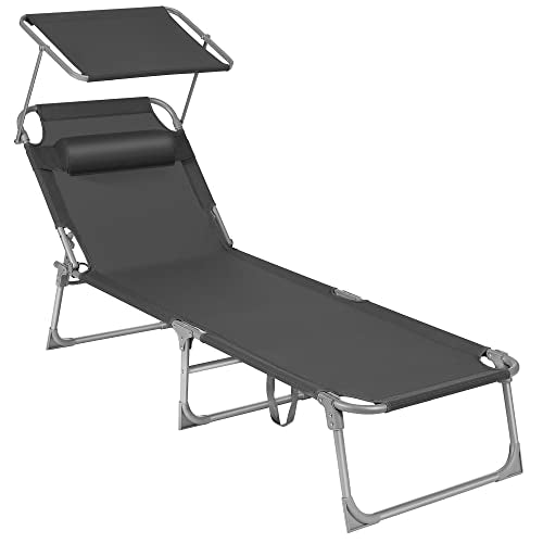 Sun Lounger, Sunbed, Reclining Sun Chair, with Headrest, Adjustable Backrest, Sunshade, Lightweight, Foldable, 53 x 193 x 29.5 cm, Load Capacity 150 kg, for Garden, Dark Grey