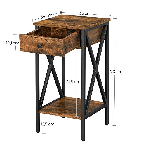 Nightstand, End Table, Tall Bedside Table with Drawer and Storage Shelf, Industrial, Rustic Brown and Black