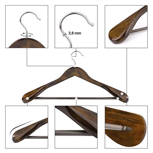 Suit Hangers, Solid Wood Hangers with Broad Ends Non-Slip Trouser Bar, Set of 6 for Outfits, Shirts, Coats, Jackets, Trousers, Pants, 360° Swivel Hook, Dark Walnut