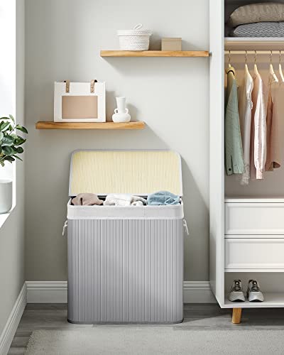 Laundry Hamper Basket with 3 Sections, Clip-on Lid and Handles, 150L Foldable, for Laundry Room, Bedroom, Bathroom, Grey