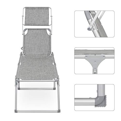 Sun Lounger, Sunbed, Large Reclining Sun Chair, 65 x 200 x 48 cm, Load Capacity 150 kg, with Reclining Backrest, Sunshade, Foldable, for Garden, Balcony, Terrace, Mottled Grey