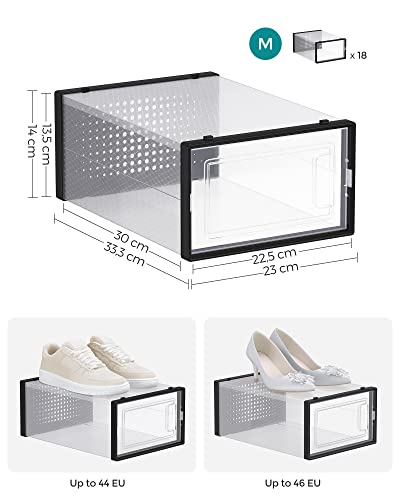 Shoe Boxes, Pack of 18 Stackable Shoe Storage Organisers, Foldable and Versatile for Sneakers, Fit up to UK Size 10.5, Transparent and Black