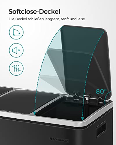 Recycling Bin, 3 x 18 L Triple Kitchen Bin, 3 Compartment Pedal Bin with Soft-Close Lids, Plastic Inner Buckets, and Handles, Black