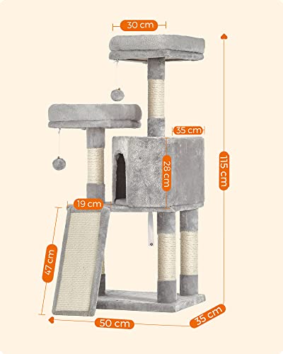 Cat Tree, Cat Condo 115 cm, Scratching Ramp, Light Grey