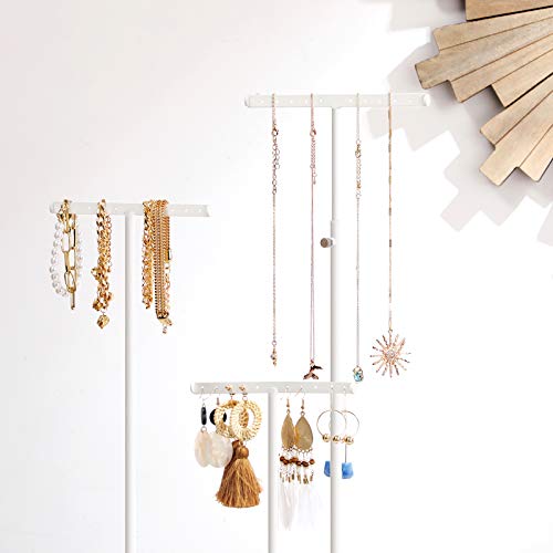 2-in-1 Jewellery Display Stand Holder, Jewellery Rack Tree, 3 T-Shape Metal Bars with Holes, Storage Tray, Adjustable, Long Necklace Bracelet Earring Ring, Rustic Brown and White