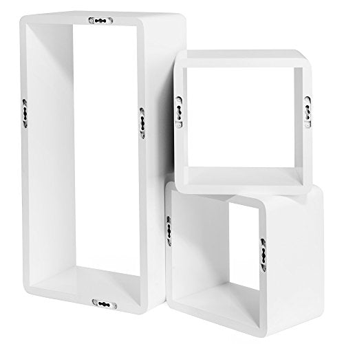 Set of 3 Floating Shelves, Wall Shelves with High Gloss Finish, Wooden Cube Storage Organisers, 15 cm Depth, 50/22/22 cm, White